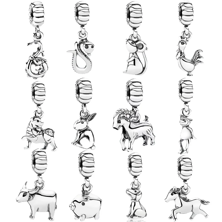 Classics Chinese 12 Zodiac Signs Dangle Charm Dragon Tiger Dog Beads Fit Original European 925 Sterling Silver Bracelet Jewelry