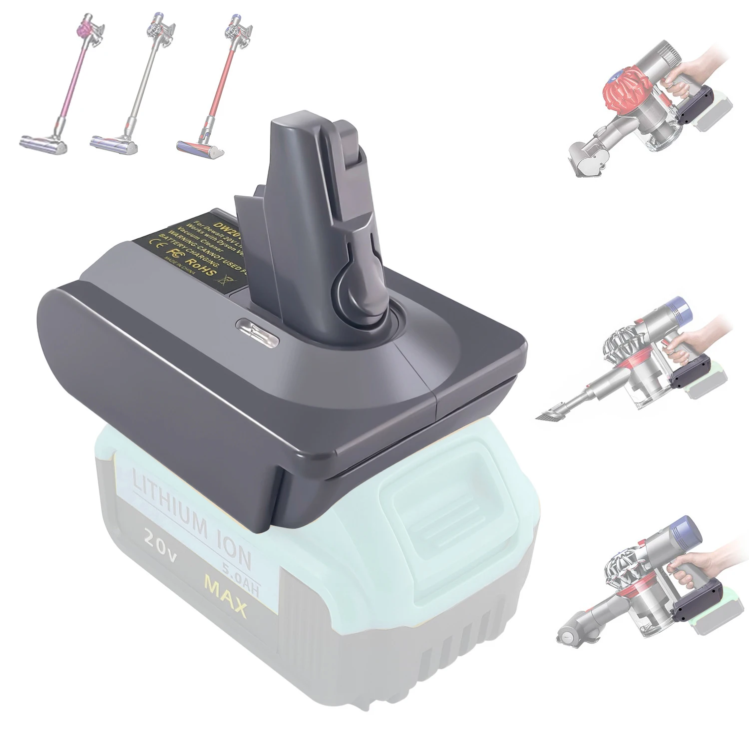 

HAKSINKY DW20V6V7V8 3-in-1 Vacuum Adapter Convert for Dewalt 20V Lithium Battery To for Dyson V6 V7 V8 Animal Vacuum Cleaners