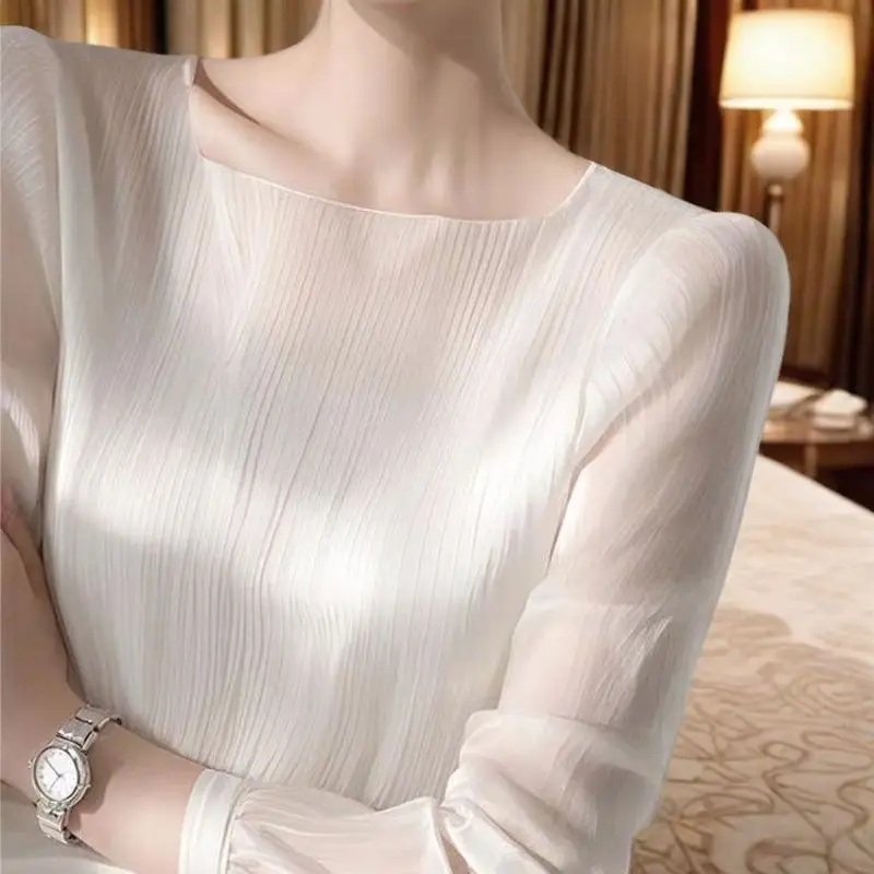 

2025 женский новый сшитый пуловер с квадратным вырезом, модная однотонная универсальная повседневная рубашка с длинным рукавом