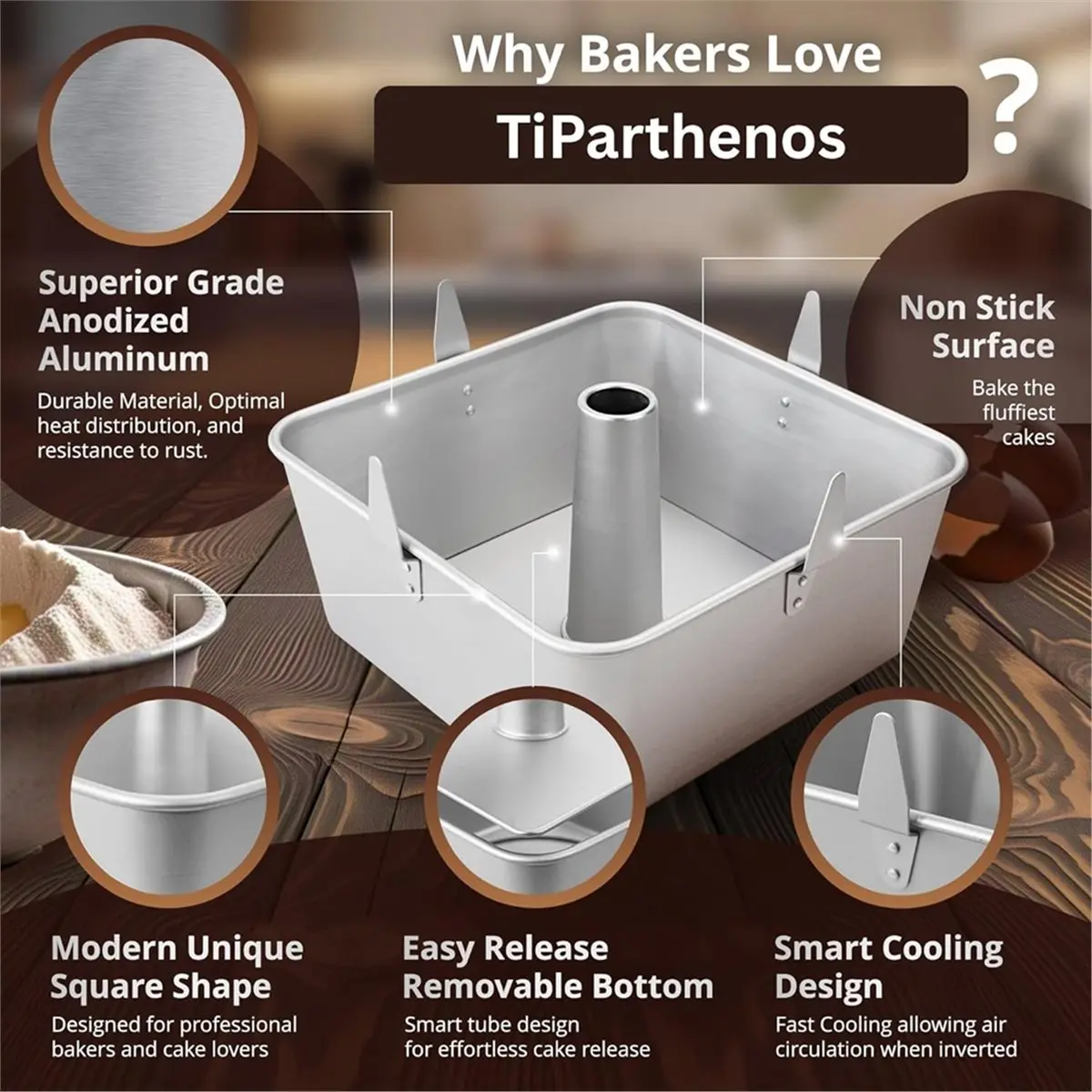 

2026 New Square Tube Cake Pan,28-Cup Capacity for 18 Cup Recipes,10-Inch Anodized Aluminum Angel Food, Chiffon & Pound Cake Pan