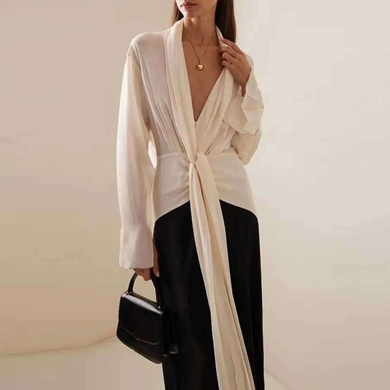 Elegant High Waist Pleated Robe Dress 2024 New Female Casual Long Sleeved Dress Autumn Fashion Deep V Color Blocked Party Dress