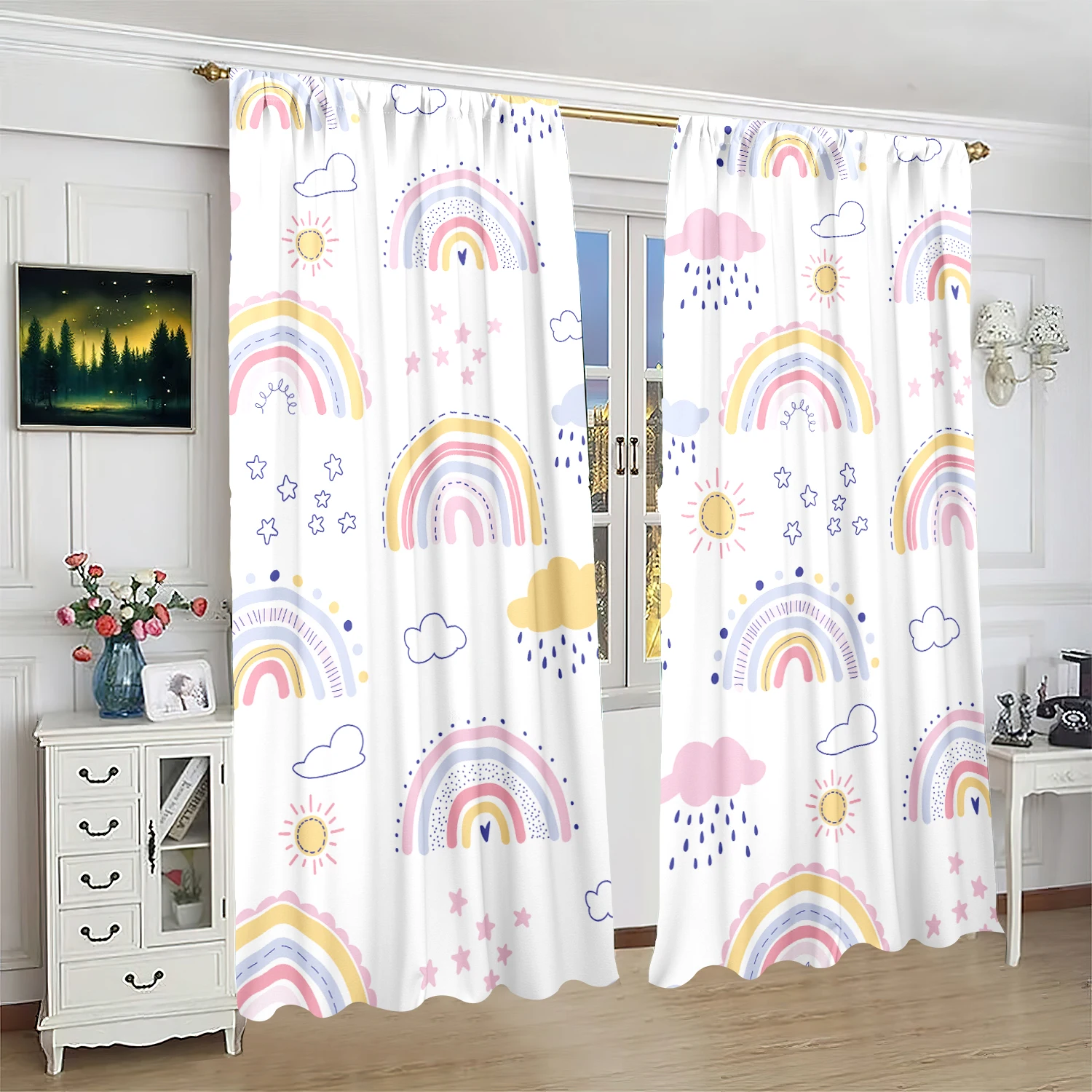 2 pieces - cartoon rainbow - printed curtain - polyester material - for bedroom living room study anti-privacy curtain