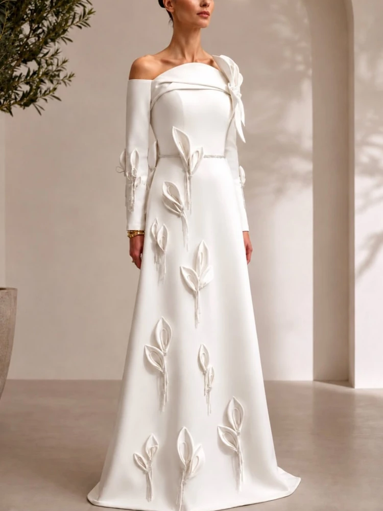 Sexy Off The Shoulder 3D Flower Appliques Maxi Dress Women White Long Sleeves Leafs A-line Dresses Evening Party Gowns