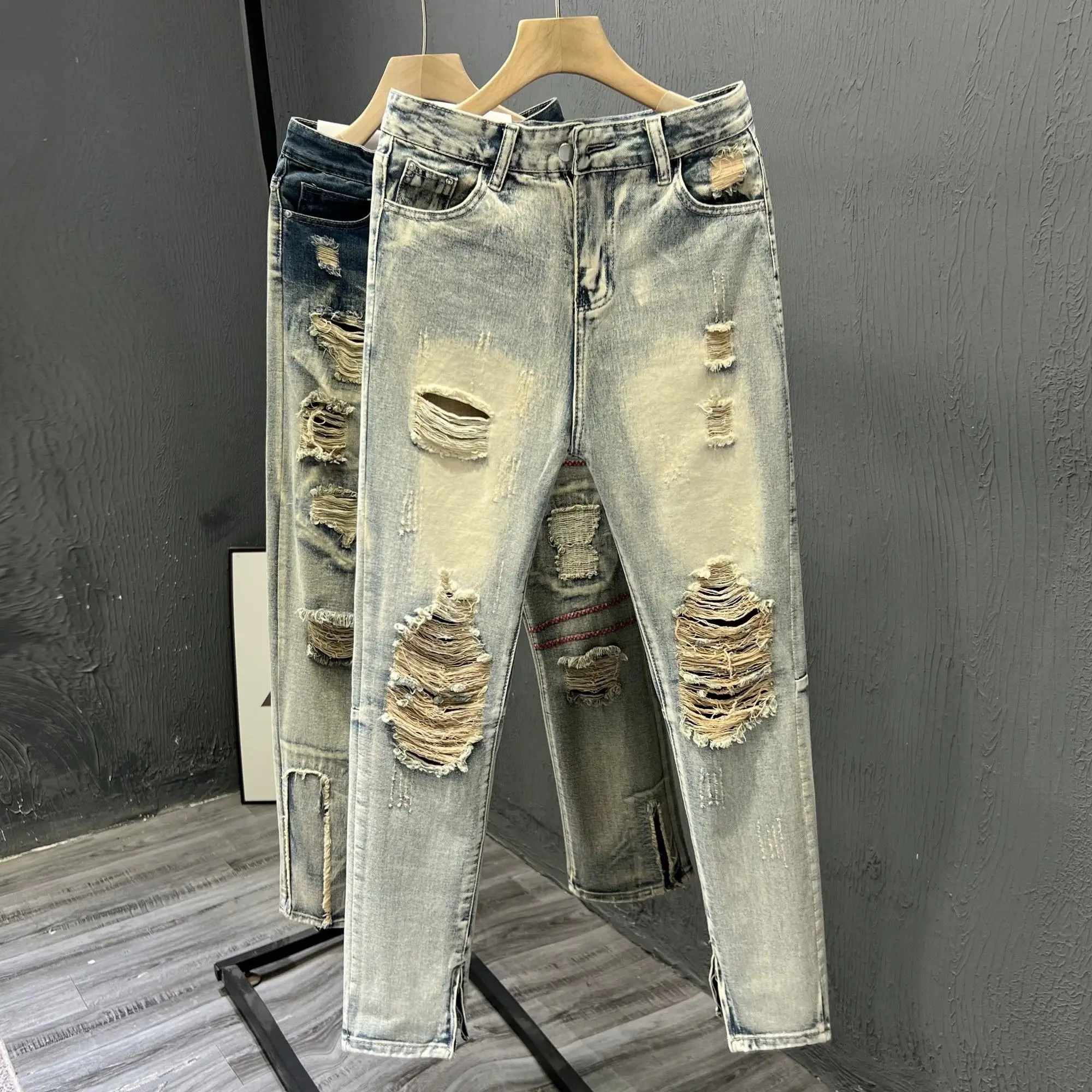 High Street Washed Men's Clothing Ripped Jeans Slim-fit Small Straight Trousers Youth Popular Zipper Trousers Handsome Pants
