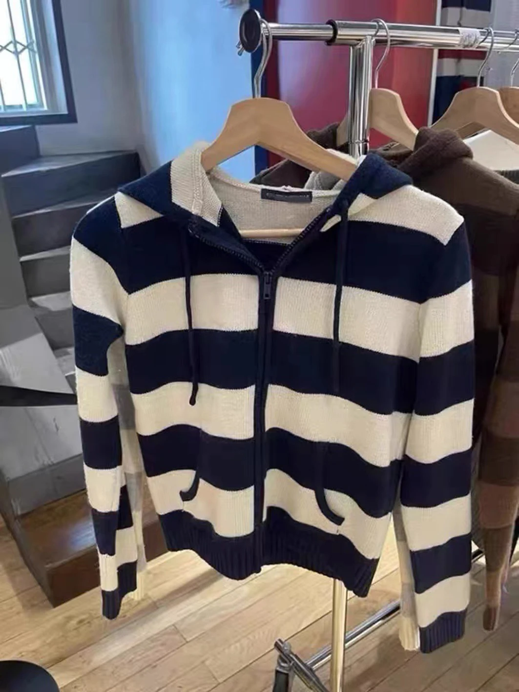 Navy Stripes Slim Sweater Cardigan Autumn Drawstring Hooded Long Sleeve Coat 2023 Y2k Vintage Casual Streetwear Cotton Sweaters