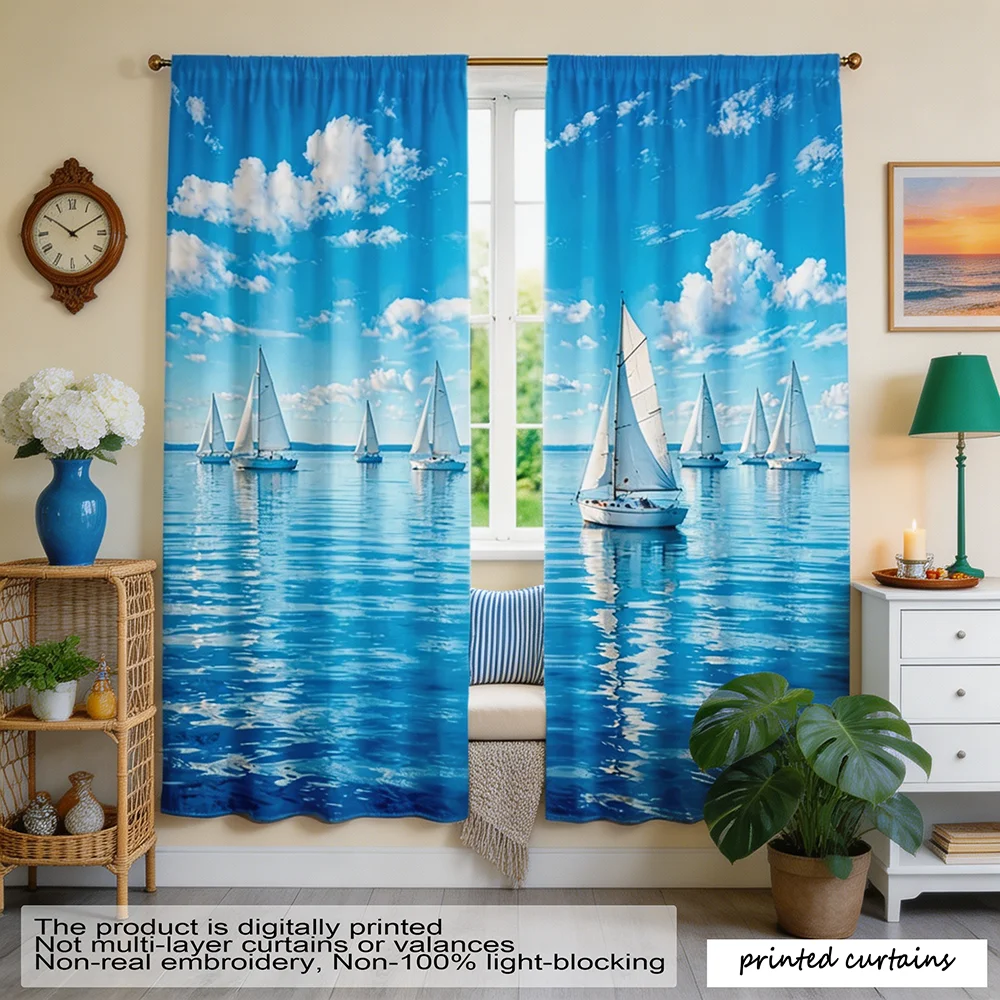 2PCS Ocean Sailboat Blue Sky White Cloud Scenic Print Curtains, Applicable to floral curtains, window curtains, print curtains