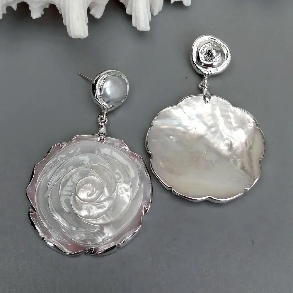 KKGEM 39mm Natural white Shell Mop Carved Flower  14mm White Freshwater Pearl Dangle Stud Earrings