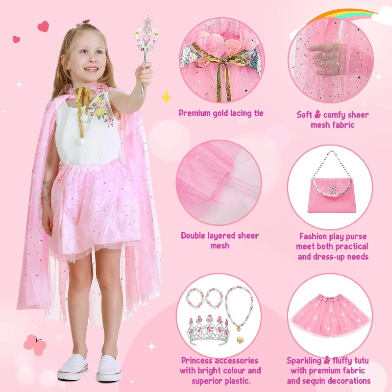 Sparkly Star Tulle Cloak and Tutu Skirt Costume Kit Tiara Magic Wand Beaded Jewelry Snowflake Handbag for Cosplay Gathering