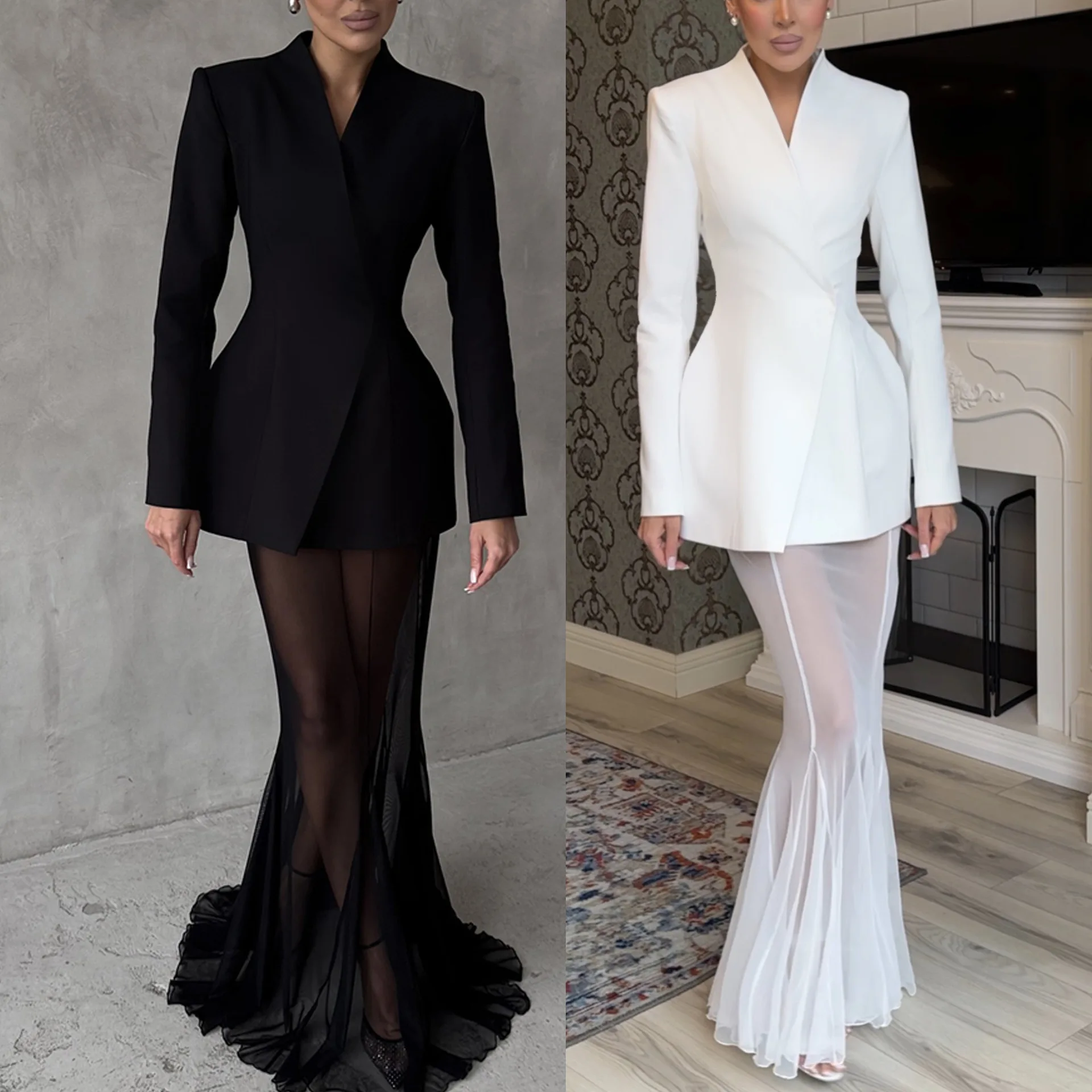 Women's Suit Long Sleeve Satin Blouse & Relaxed Fit Elasticated Mesh Skirt Two Piece Outfit New Collection Ropa Mujer
