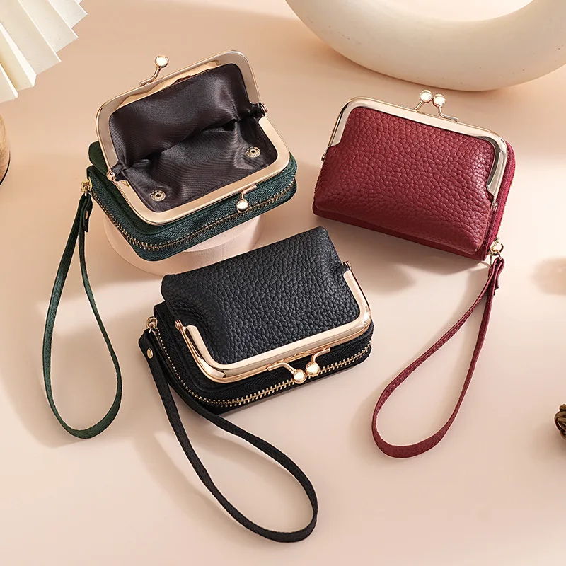 New Design Leather Organ Card Bag RFID Women's Portable Coin Purse Wrist Bag Cowhide Credit Card Cover Kiss Buckle Coin Holders