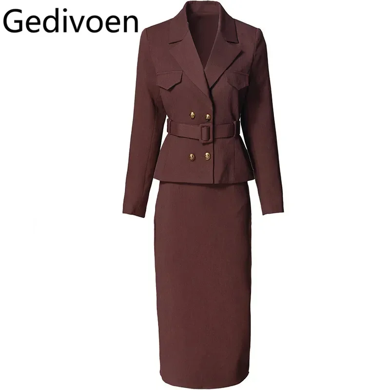 Gedivoen Women's Elegant Office and Business Suit Long Sleeved  Double-Breasted Tops+ Slim-Fit Hip Wrap Skirt 2 piece set