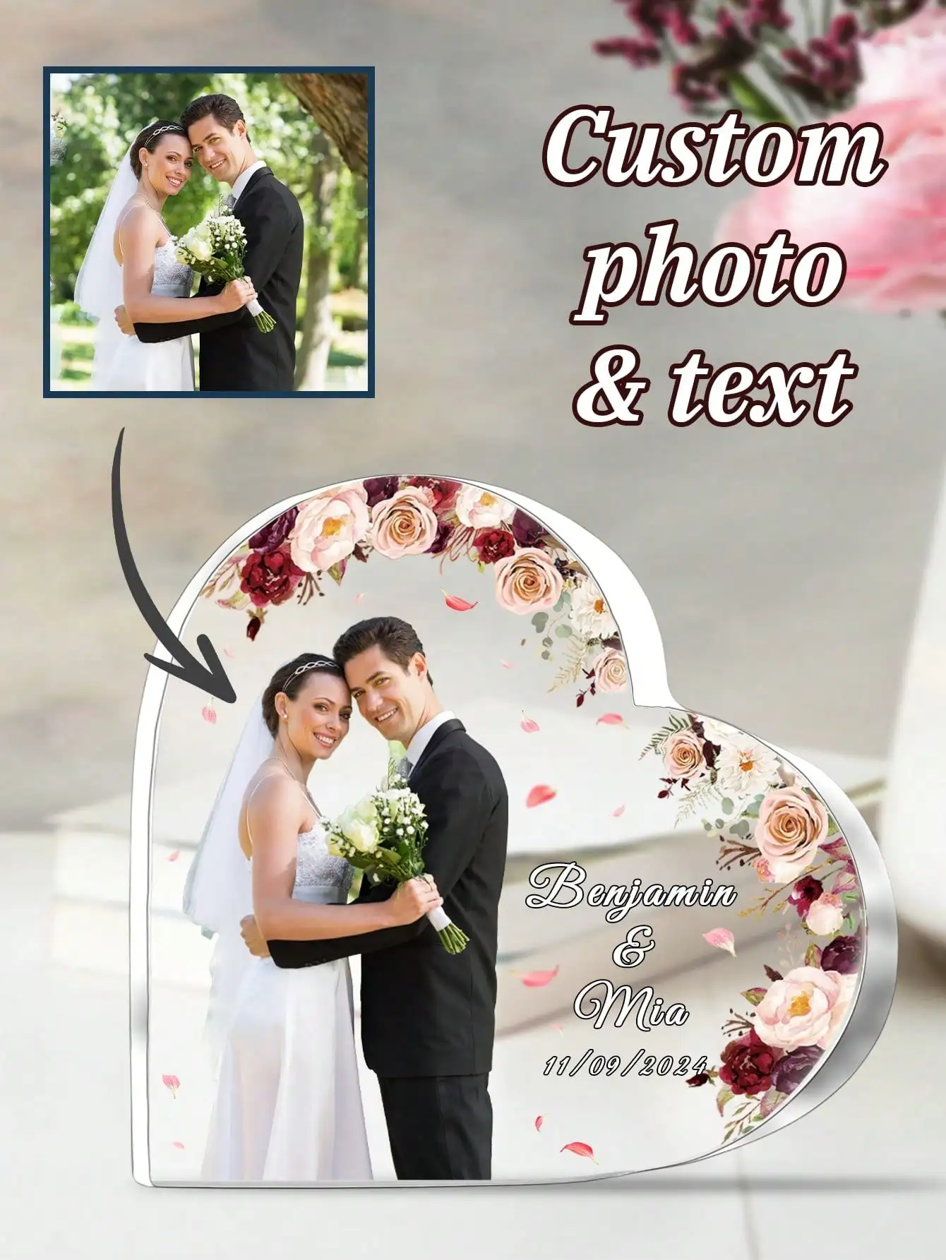 

Personalized Heart Acrylic Plaque Custom Photo Carved Couple Love Keepsake Unique Home Office Tabletop Decor Gift 5 Styles