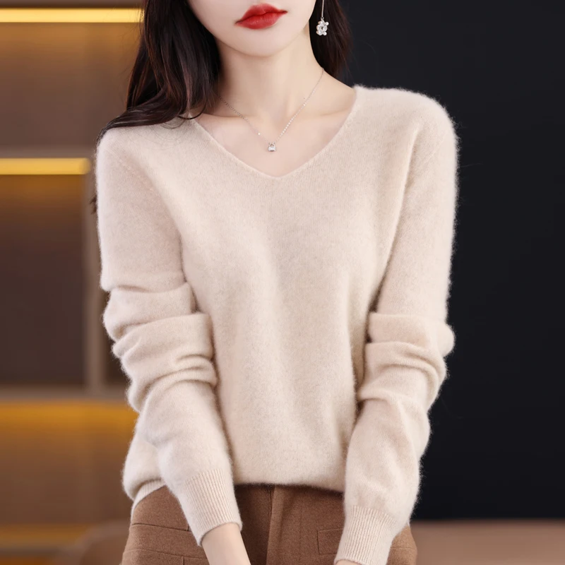 Cashmere Sweater Women\'s 100%Merino Wool V-Neck Fashion Pullover Winter And Autumn Pullover Basic Knitted Top Wholesale Discount