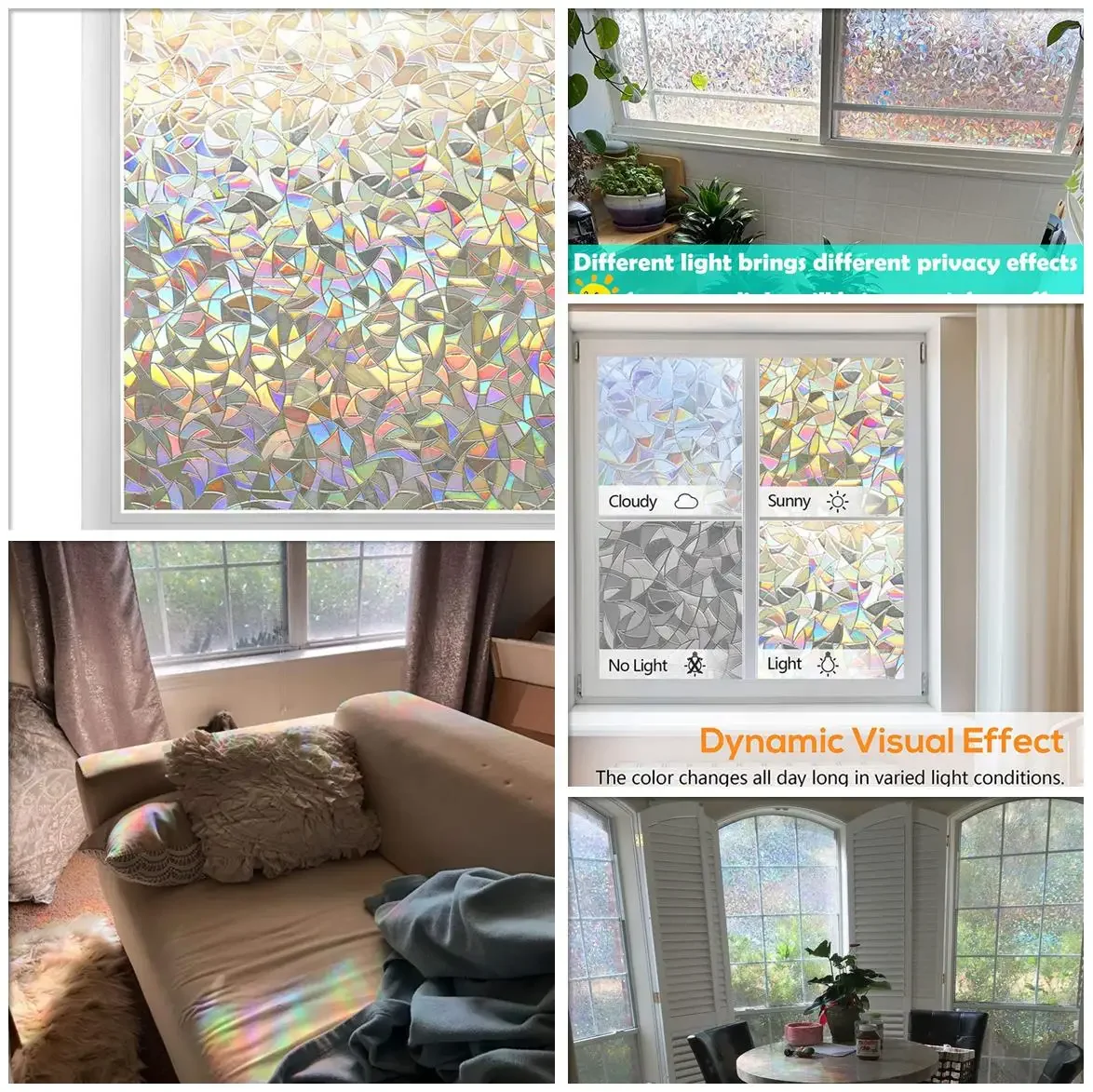 3D Mosaic Rainbow Window Film Privacy UV Protection Static Cling Adhesive Window Stickers for Home Removable Heat Insulation