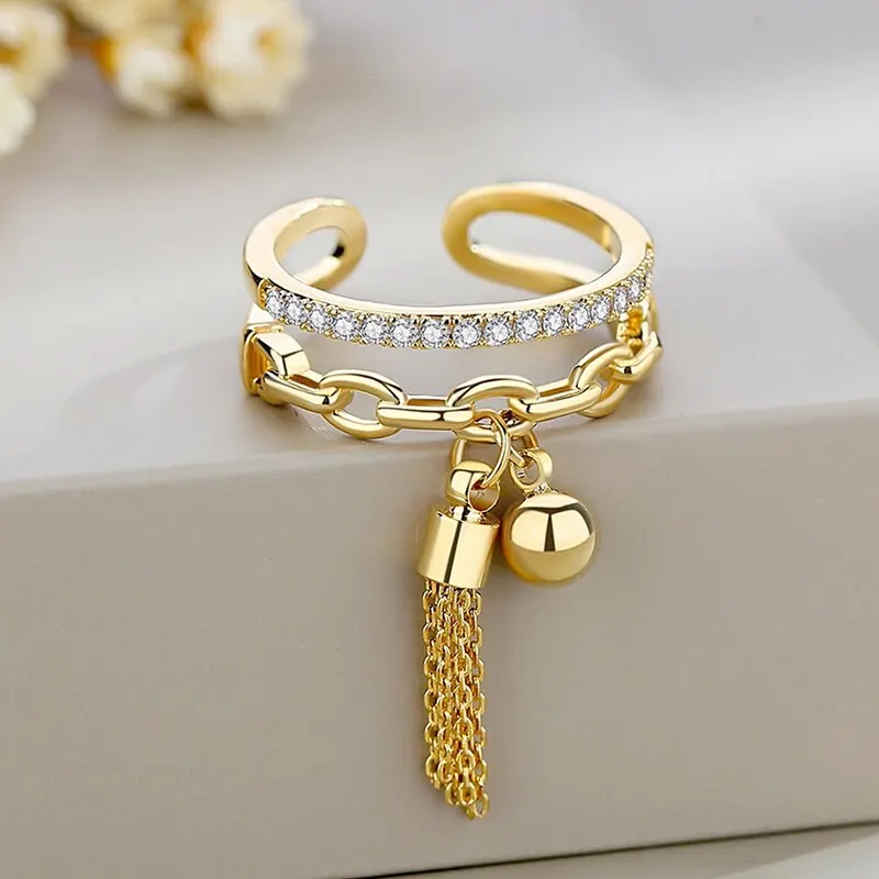 Fashion Gold-Color Open Adjustable Ring With Tassel For Women Fashion Classic Hollowed Rhinestone Tassel Ring Jewelry Gift