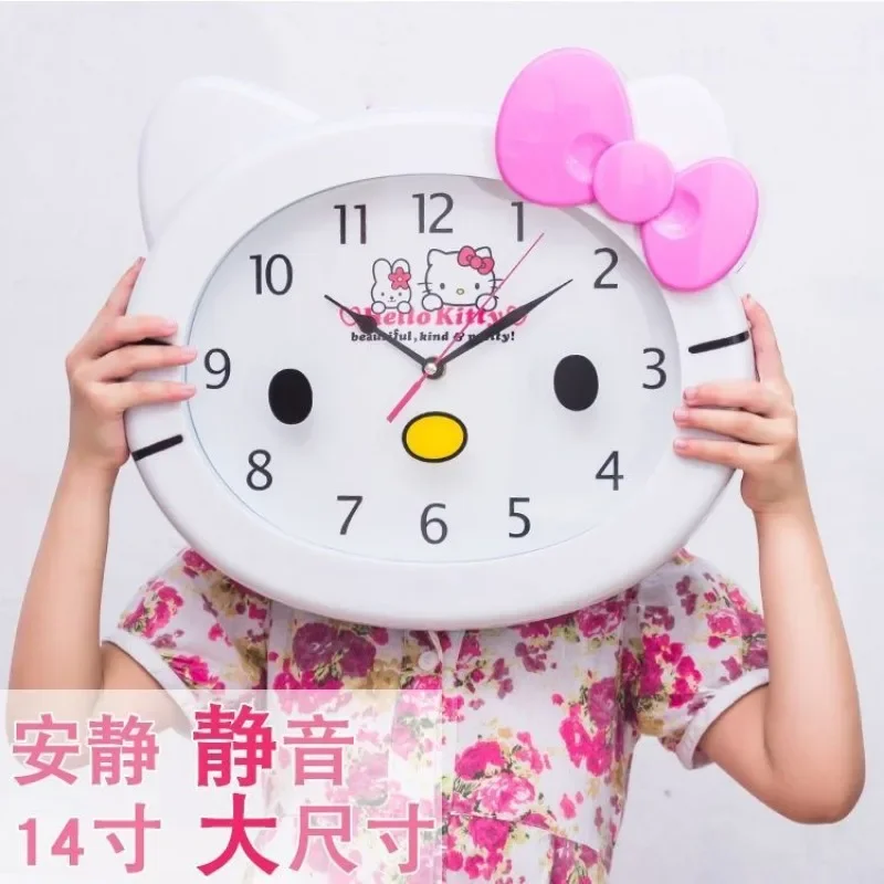 Reloj de pared silencioso Kawaii Sanrio Hello Kitty, 14 pulgadas, dibujos animados, lindo Reloj de pared para habitación de niños, dormitorio, sala