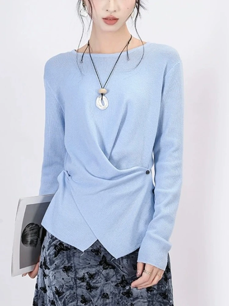 

2025 Irregular Hem Design Sweater Autumn Winter New O-neck PulloversSolid Slim Versatile Knitted Long Sleeves Women's Sweater