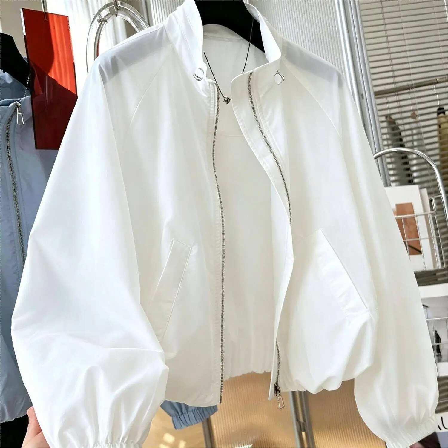 2026 Fashion Spring Summer Short Jacket Women's Pretty Thin Coat Stand-up Collar Zip-up Loose Windbreaker Streetwear Outerwear
