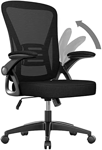 Home Office Desk Chair Mid Back with Adjustable Height Dark Black | Comfy Ergonomic Chair with Flip-Up Arm and Lumbar