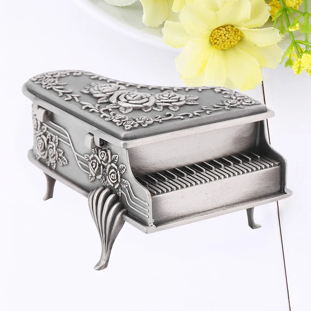 

Piano Piano Shaped Jewelry Box Zinc Alloy Rose Flower Zinc Alloy Jewelry Storage Soft Inner Silver Rose Carved Jewelry Case