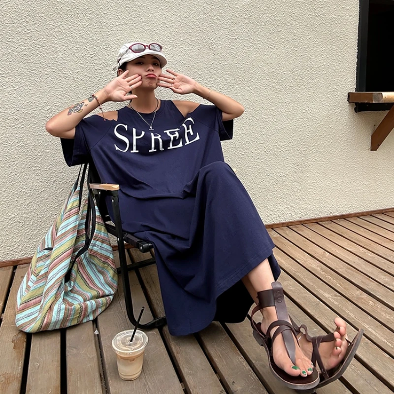 High Street Off Schouder Losse T-shirt Jurk Zomer Nieuwe Korte Mouw Plus Size Casual Lange Jurk Vintage Mode Dameskleding