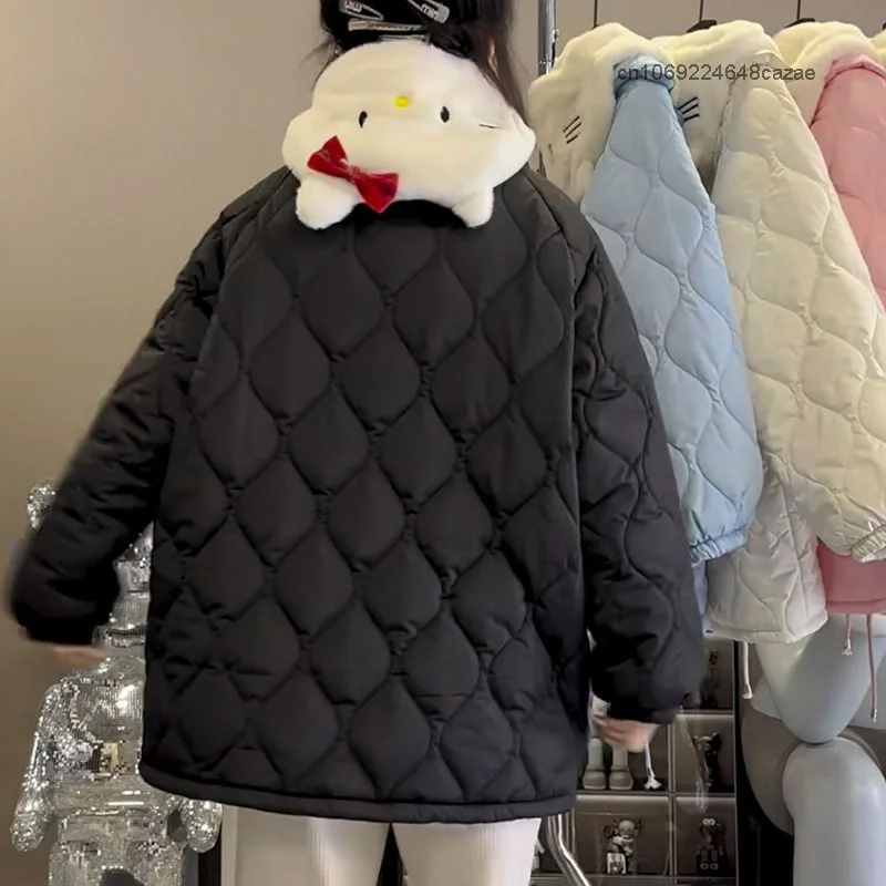 Casaco de pelúcia Sanrio Hello Kitty feminino, roupas acolchoadas de algodão quente, casaco com capuz destacável, tops fofos dos desenhos animados, novo luxo Y2K, inverno