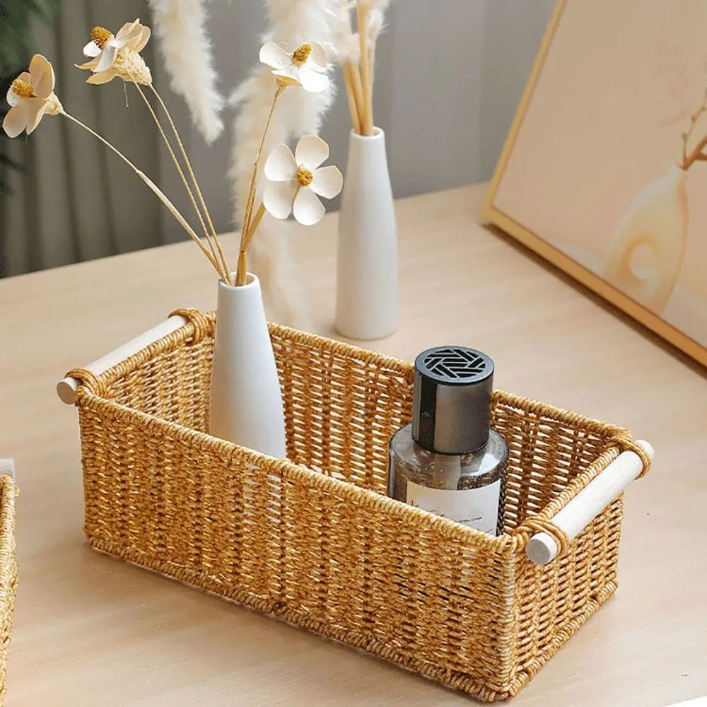 Creative Brown Storage Basket Woven Pattern Wood Handle Organizing Baskets Rectangle Desktop Organization Box Home Shop Hotel