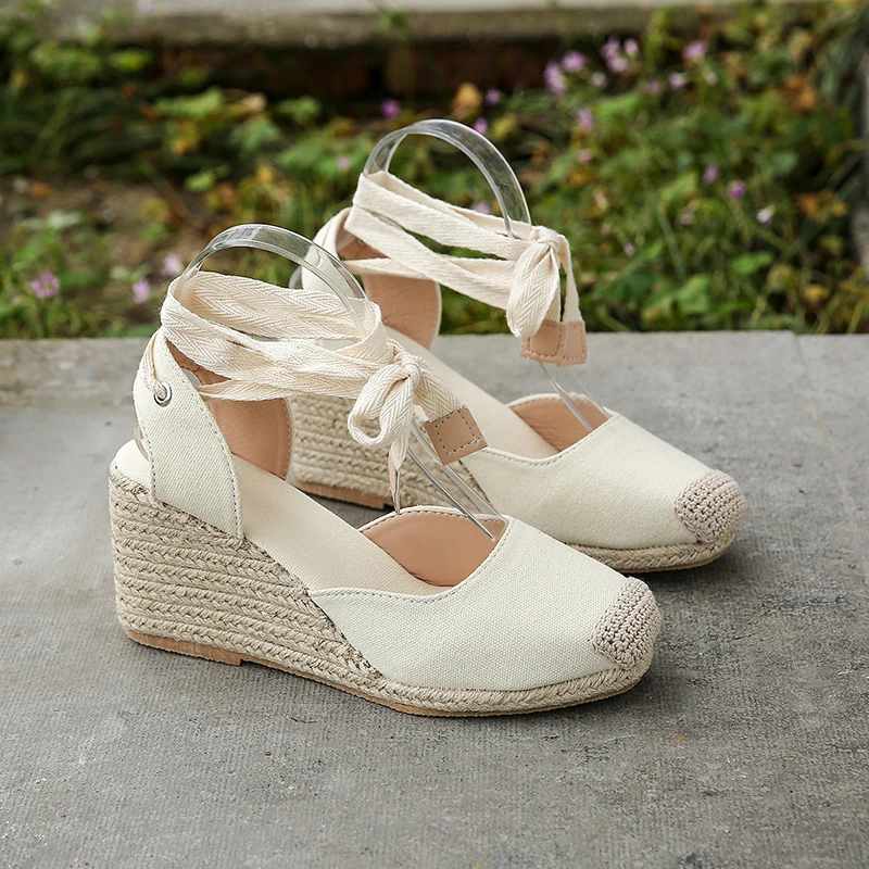 2024 Damen Espadrille Knöchelriemen Sandalen Bequeme Hausschuhe Damen Damen Freizeitschuhe Atmungsaktive Flachs Hanf Canvas Pumps