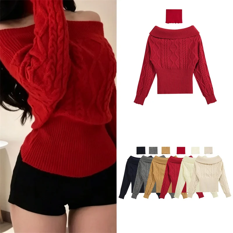 Guobioziy Women's Knit Sweater 2026 Early Autumn New Fashion Short Waist-Fitting Turtleneck Off-Shoulder Knit Sweater