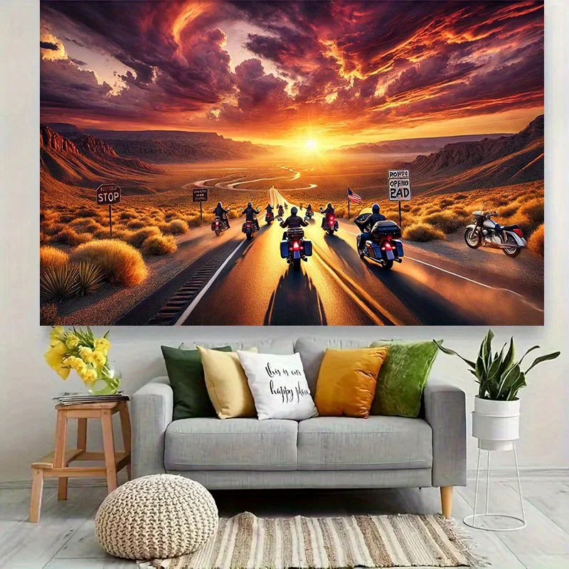Motorcycle Group Sunset Highway Ride Tapestry 2D Flat Biker Adventure Wall Hanging for Man Cave Bedroom Road Trip Decor Fabric