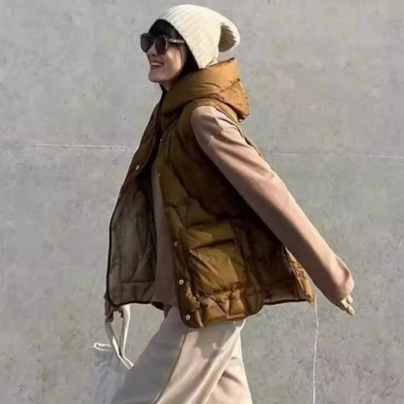 Two-Sided Winter Hooded Down Waistcoat Jacket Parkas Women Warm Light Thin White Duck Down Vest Lady Short Sleeveless Tank Coat