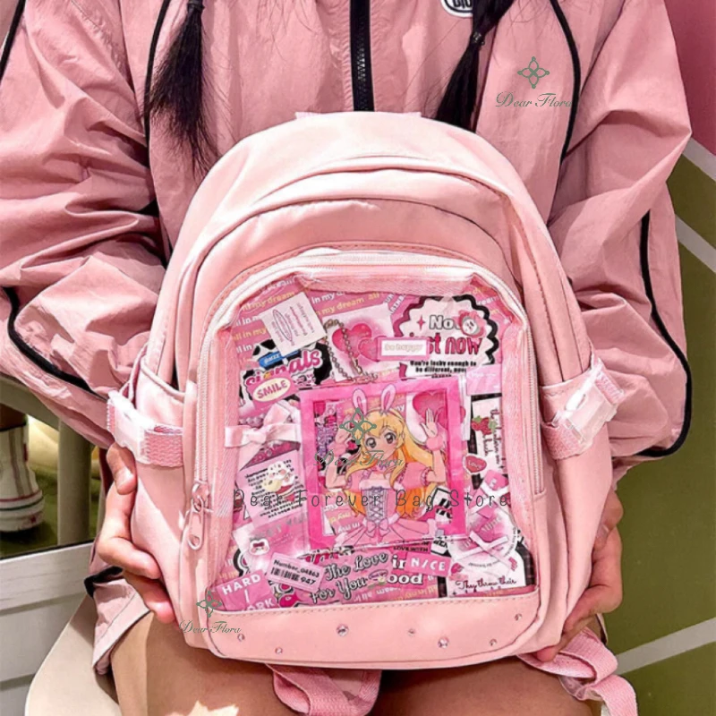 Y2K น่ารัก Mini กระเป๋าเป้สะพายหลังผู้หญิง Kawaii Ita กระเป๋าสาวหวานโปร่งใส Rucksack DIY บุคลิกภาพจอแสดงผลกระเป๋าเป้สะพายหลัง Lolita ไหล่กระเป๋า