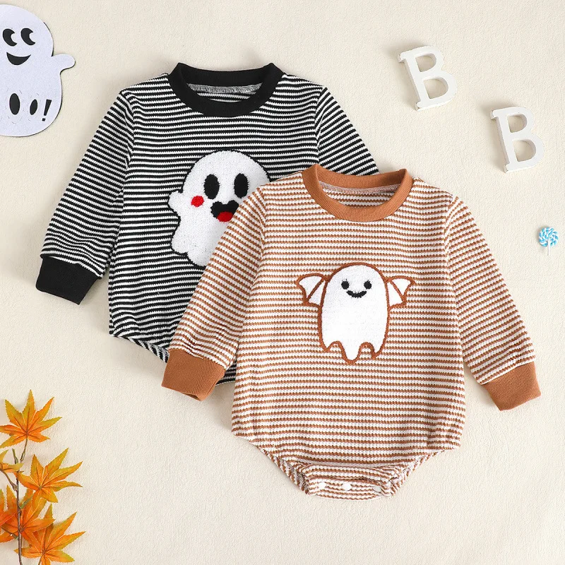 Infant Boy's Halloween Ghost Embroidered Long Sleeve Triangular Romper Suit Baby Costume with Stitched Pattern