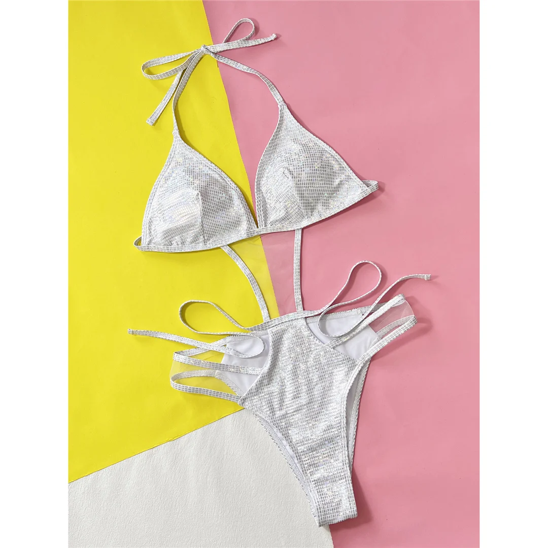 Halterneck-Badeanzug mit Mesh-Einsätzen, transparenten Ausschnitten, für Damen, einteiliger Badeanzug, weiblich, hoher Beinausschnitt, mit Pailletten, Badebekleidung, Badeanzug, V4863 – Detail 9