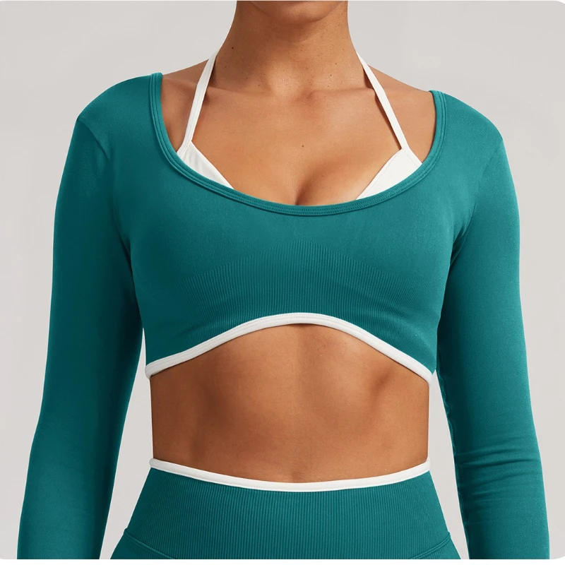 

Women's Tight Fitting Seamless Fake Two-piece Sports Top, Women's Long Sleeved, Yoga Running Fitness Breathable Yoga Top