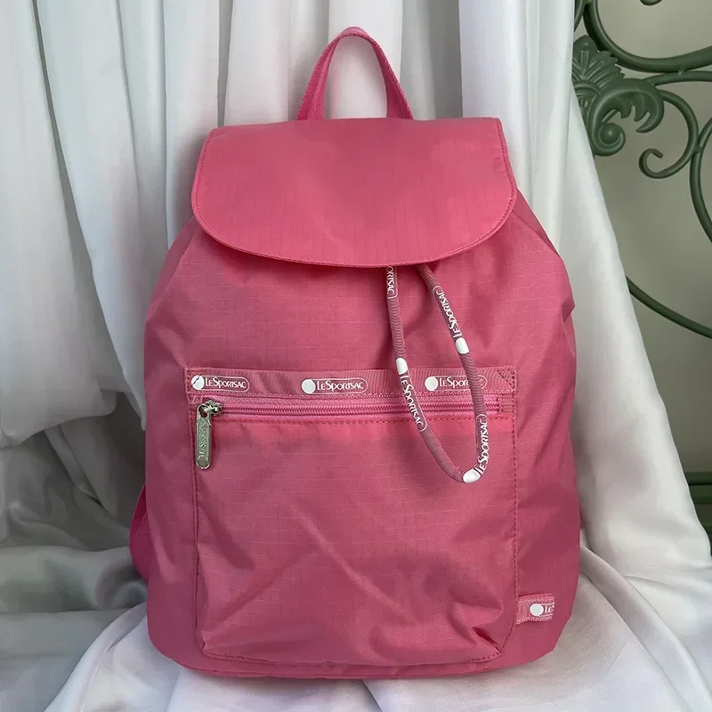 Mochila Lesportsacs, bolso informal ligero para mujer, bolso de hombro con cordón negro y rosa 3473 28*34,5*15cm, mochila con tapa