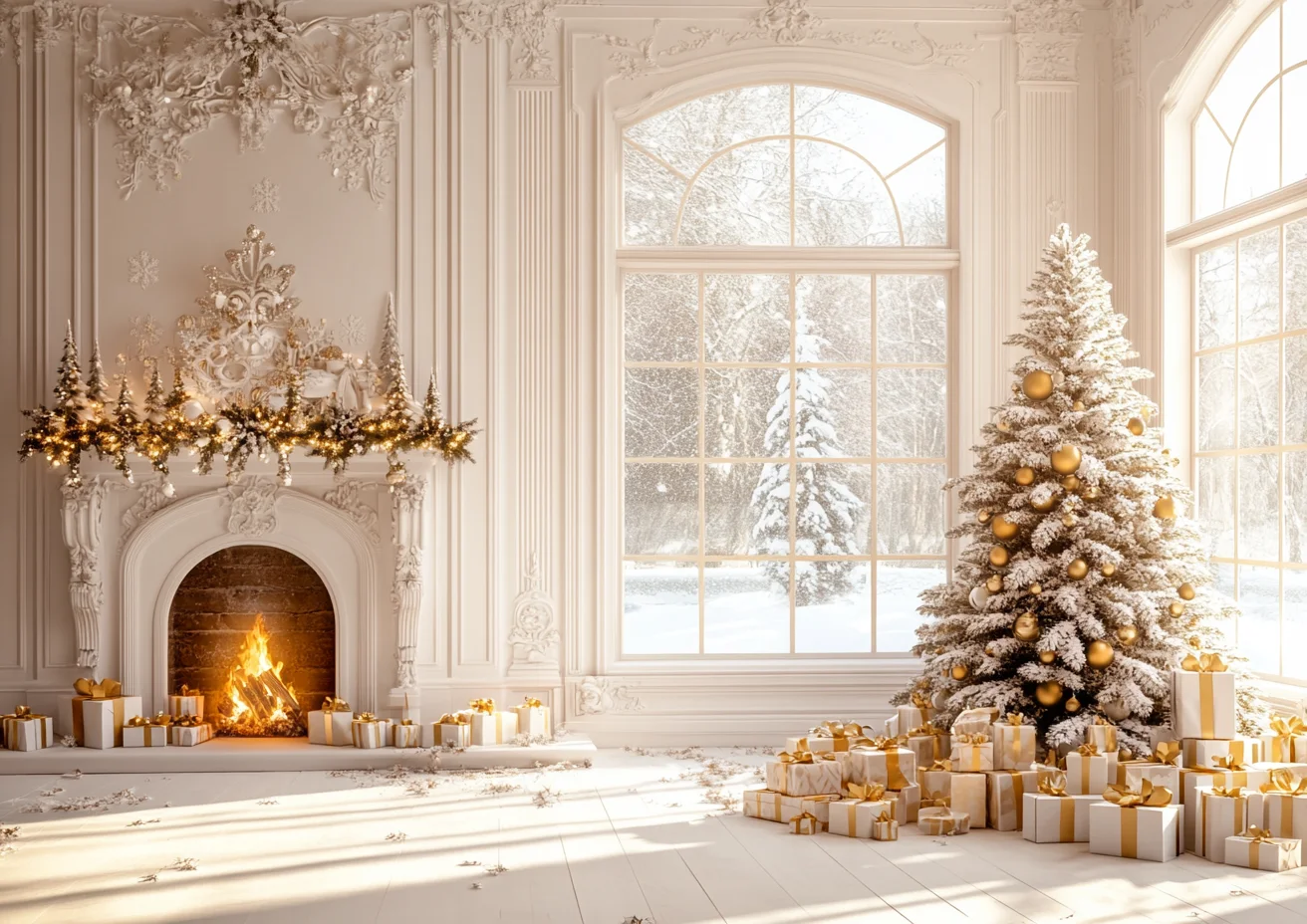 Christmas Fireplace Background Golden Barlot Photo Frame Xmas Tree Candle Backdrop Decor Children Family Photo Studio