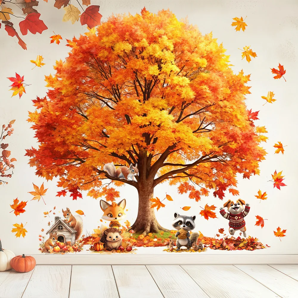 Large Autumn Fall Maple Tree Wall Decals Woodland Animals Mushroom Wall Stickers for Autumn Party Decorations