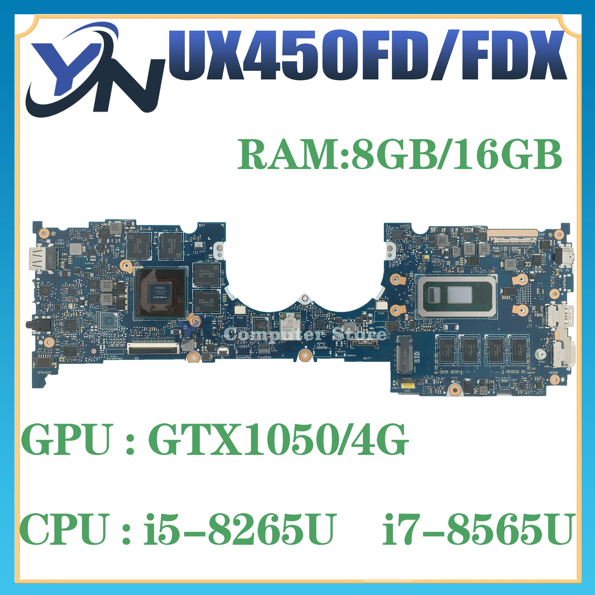 UX450FDX Mainboard For ASUS Zenbook Pro 14 UX480 UX450FD UX450FDA UX450F Laptop Motherboard I5-8265U I7-8565U GTX1050 8G/16G-RAM