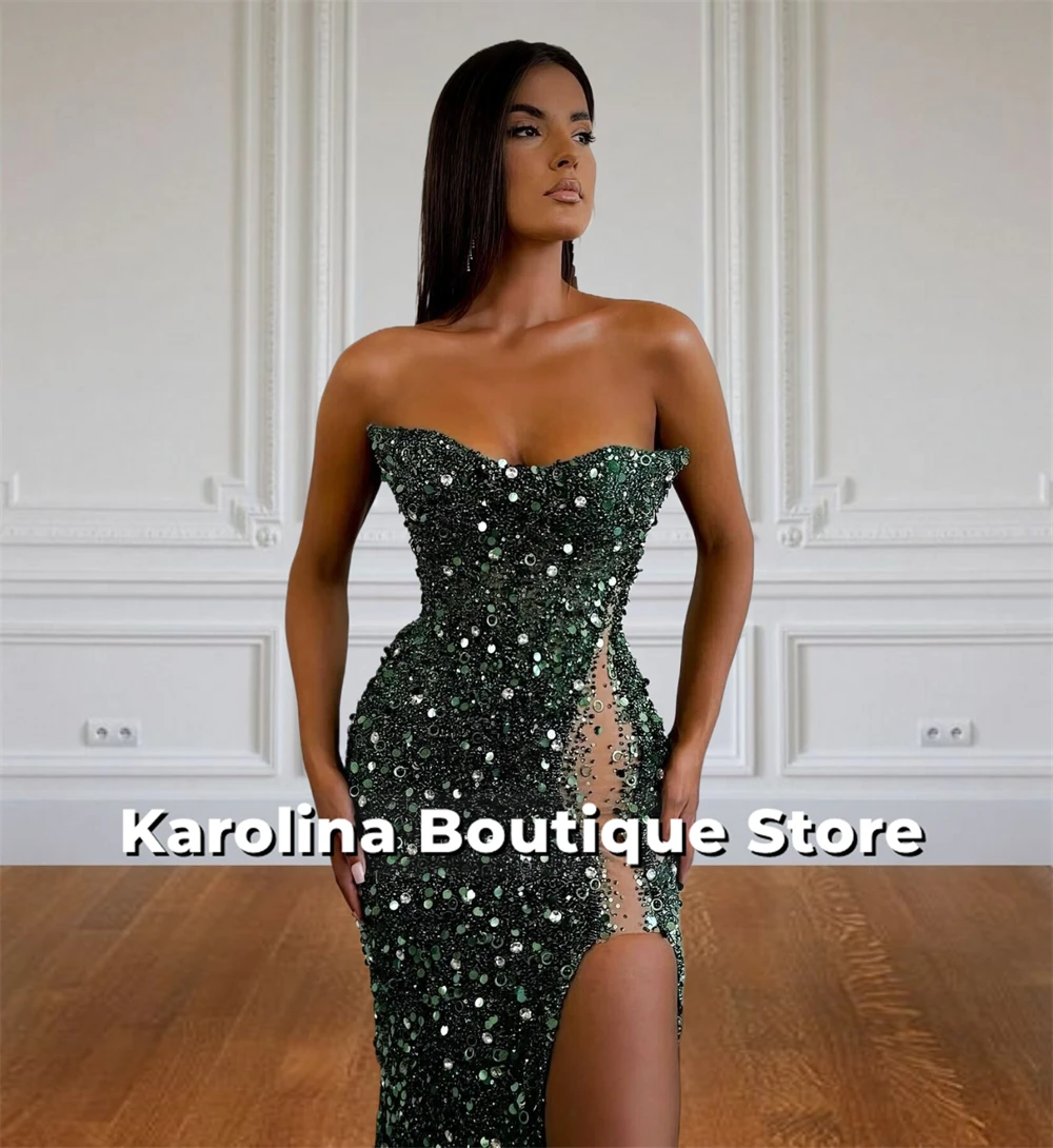 Alluring Green Strapless Dubai Evening Dresses Mermaid Split Beads Crystal Luxury Dress Woman 2025 robes de soirée Customized