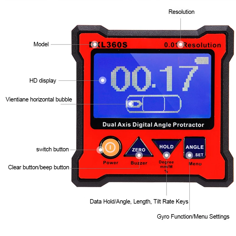 DXL360/S High-precision Dual-axis Inclinometer Digital Angle Meter Level Meter Gauge Angle Protractor with 5 Sides Magnetic Base