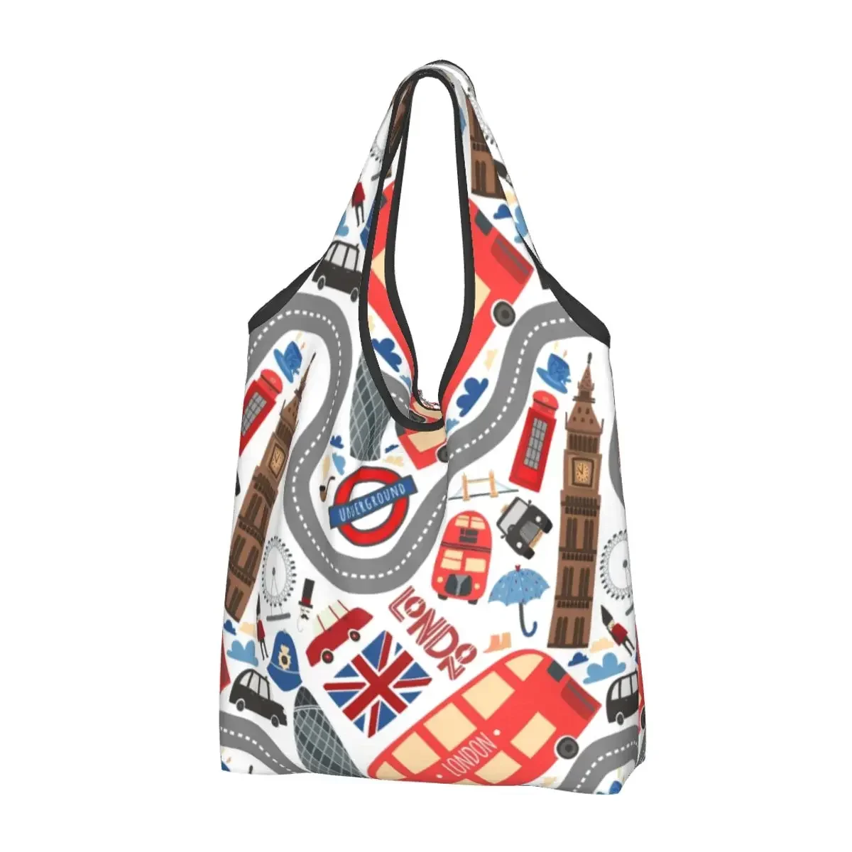 Cute London Doodles Pattern Shopping Tote Bag Portable British Flag Red Bus Grocery Shoulder Shopper Bag