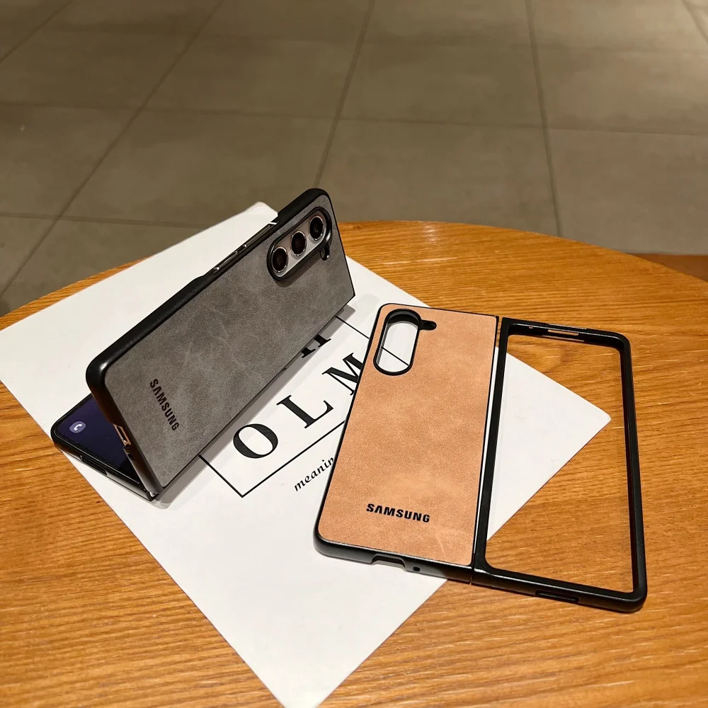 Fashion Solid Color Matte PU Leather Case Samsung Galaxy Z Fold6 Fold5 Fold4 Fold3 With Logo Shockproof Lens Protective Cover