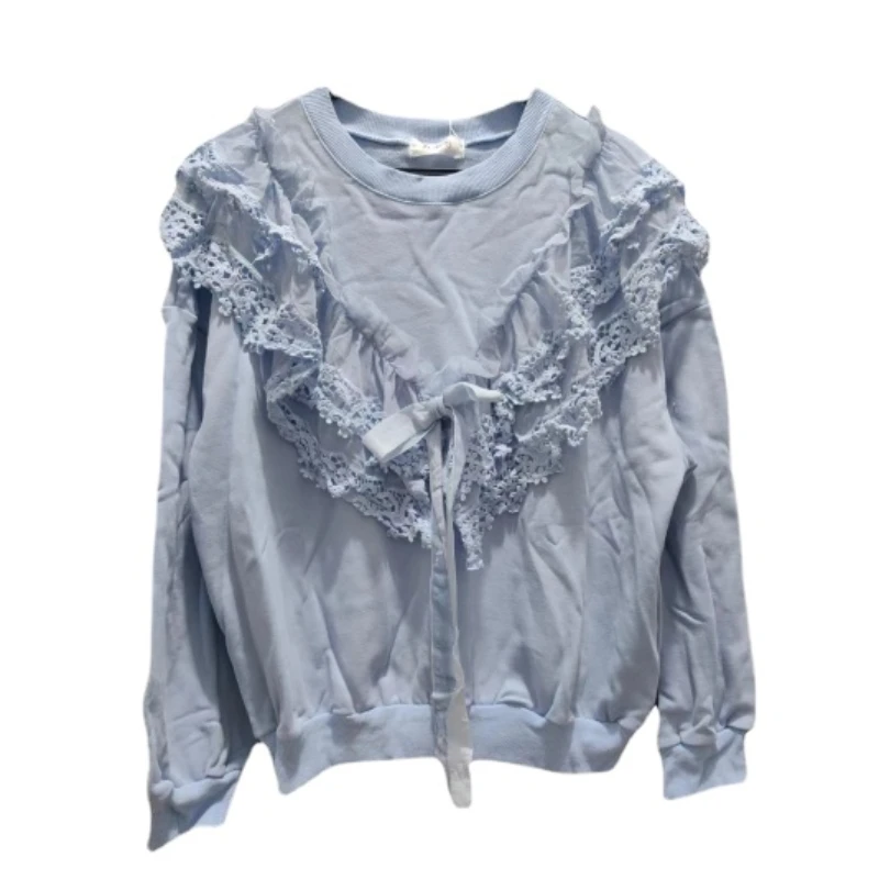 

2024 Spring Korean Style Sweatshirt for Women New Round Neck Long Sleeve Loose Lace Tie Bow Pullovers Ladies Top Blue