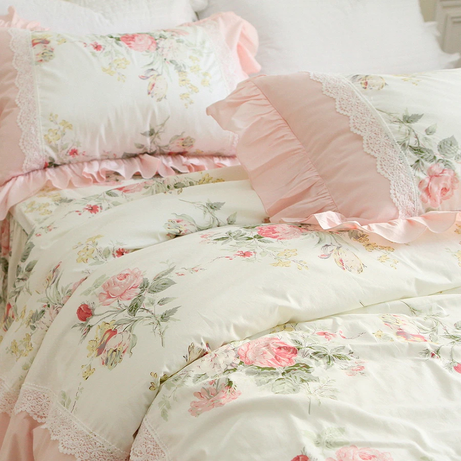 French Country Princess Style Bedding Set Pure Cotton Lace Ruffled Duvet Cover Sets King Bed Skirt Beddings Linens Pillowcase