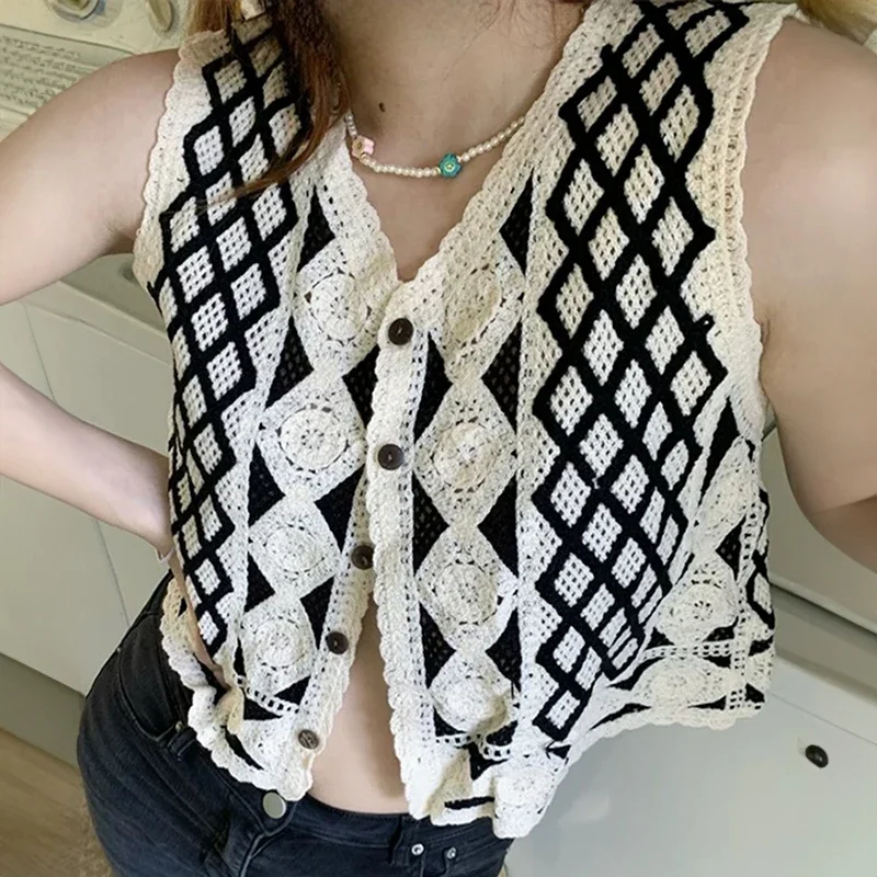 

Argyle Crochet Vest Knit Top Sheer Openwork Button Front Sleeveless Cardigan Women Teen-girl Summer Aztec Boho Vacation Outfit
