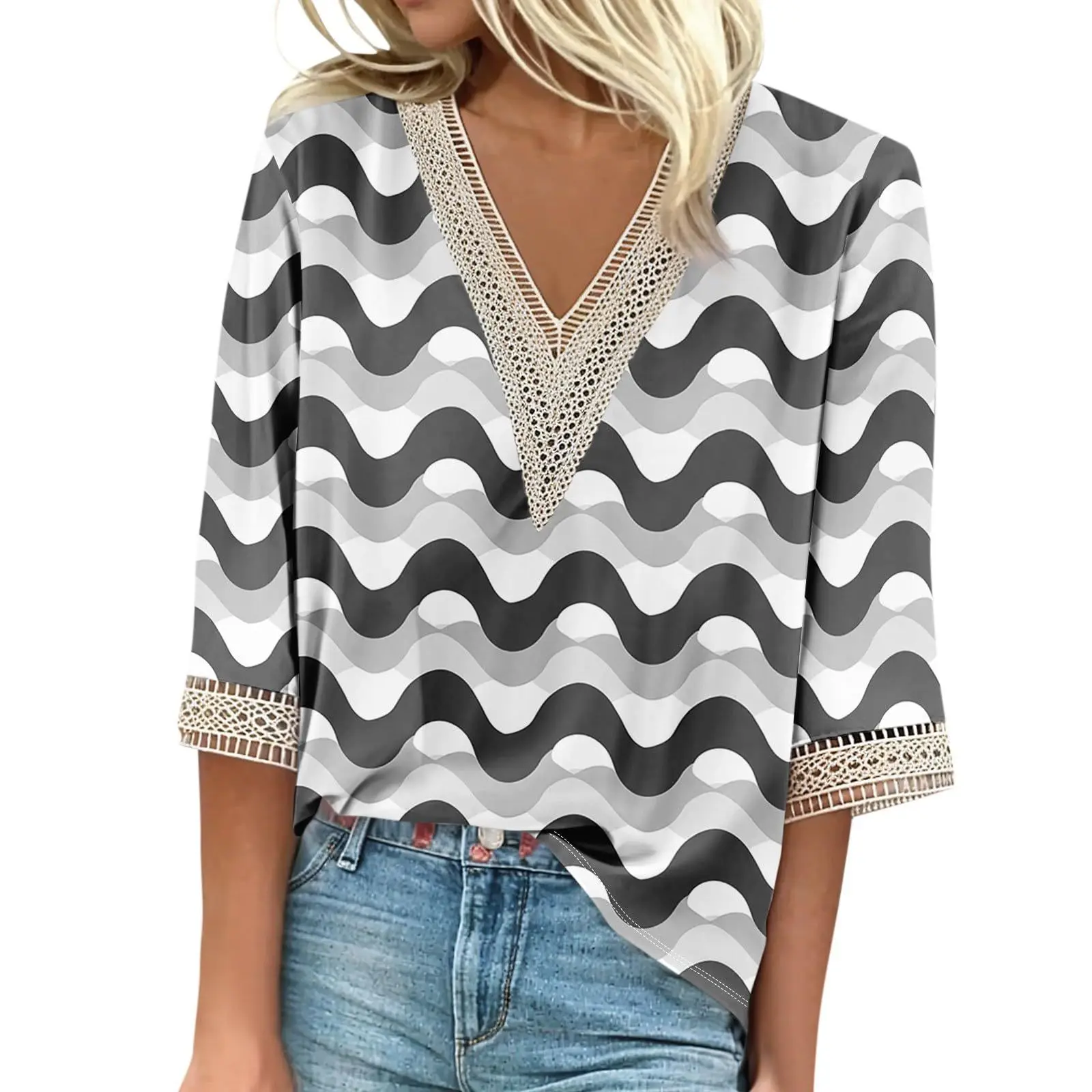 Fashion V-neck Short Sleeve Print Tops And Blouses Women 2025 Summer Lace Patchwork Casual Top Femme Office Blouse Shirts