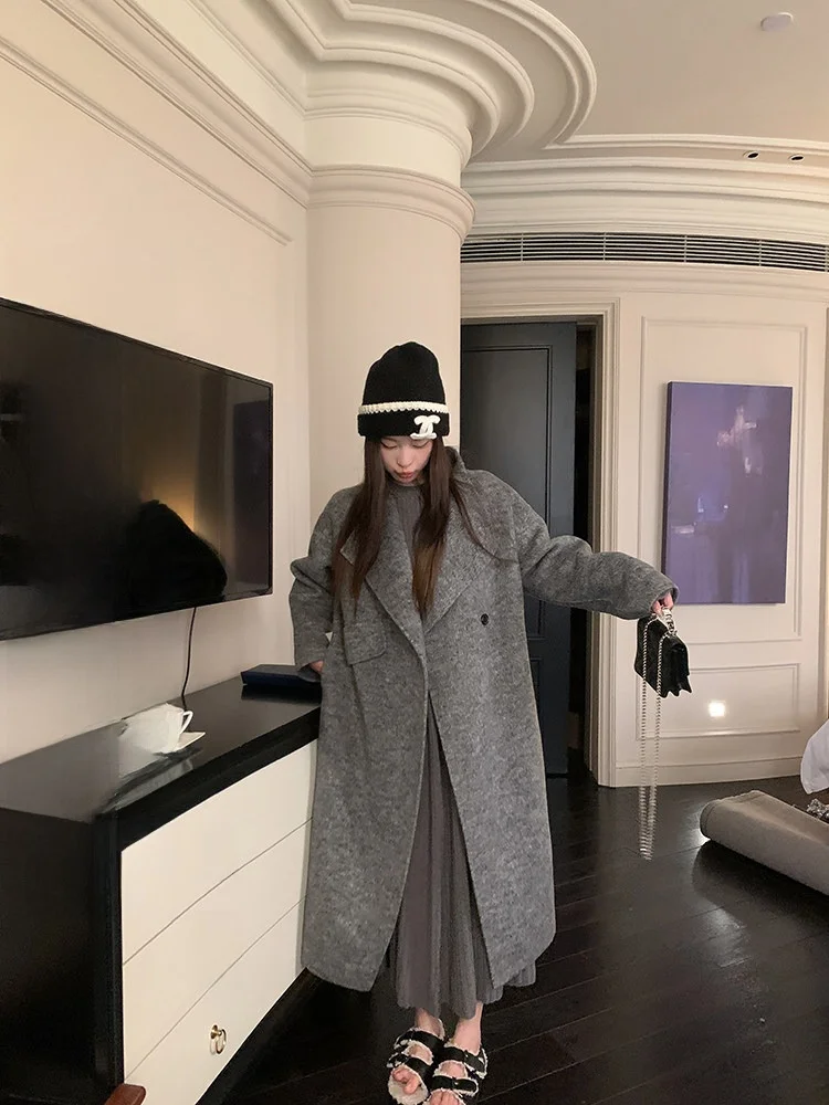 

Double-Faced Camere Woolen Coat for Women NORA STUDIO Yellow One ain Evening Travel Flip-Collar Long Sve Winter Jaet