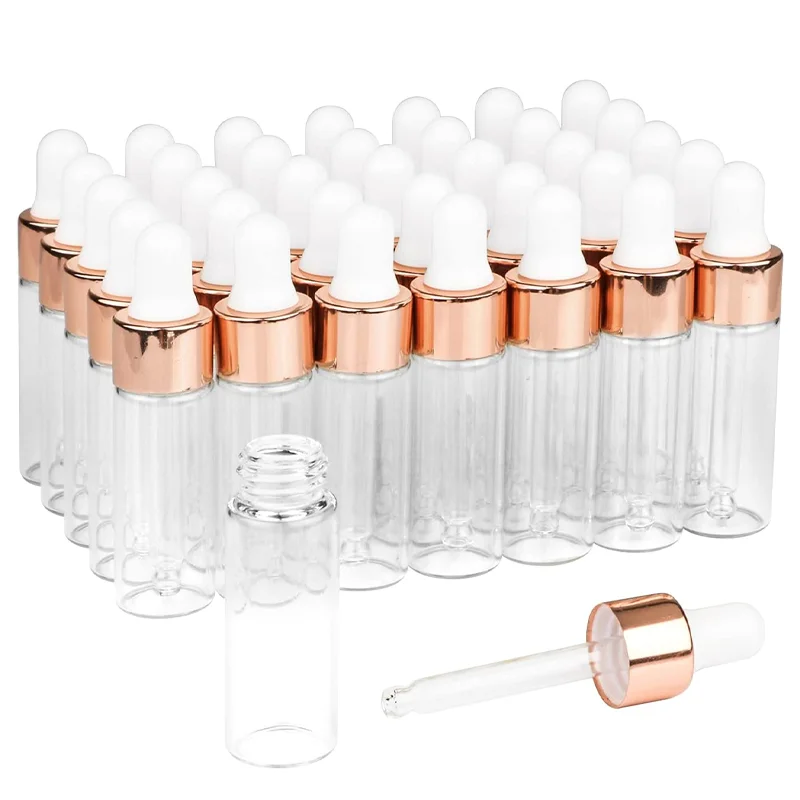 

30Pcs 1ml-5ml Clear Sample Essential Oil Dropper Empty Glass Dropper Vials with Rose-Gold Cap Glass Pipette Liquid Travel