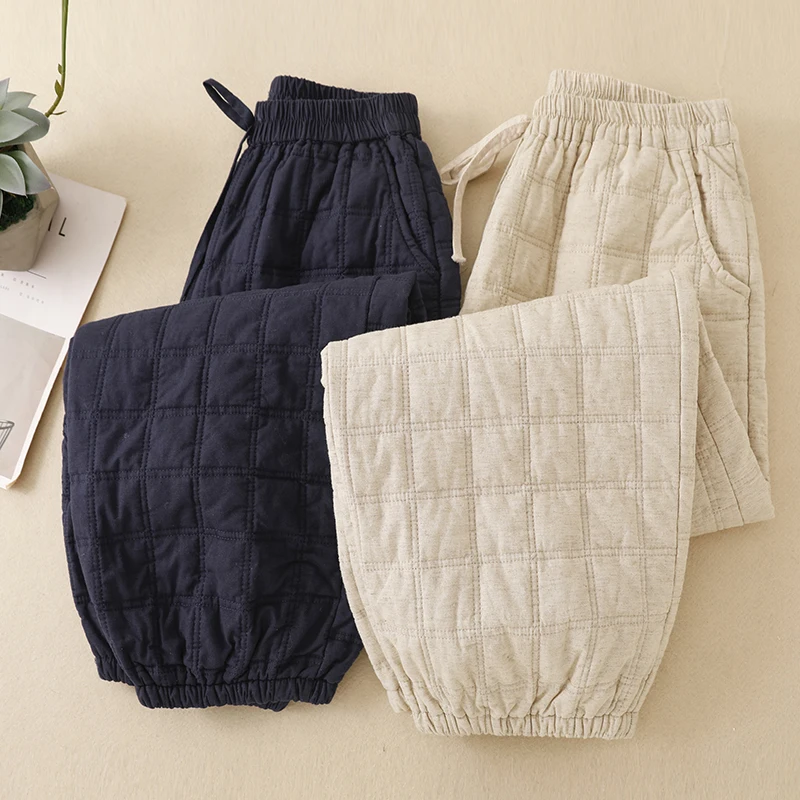 Loose Cotton Lantern Pants Women's plus Size White Polyester Cotton Plaid Embossed Casual Nine Points Cotton Pants plus Size